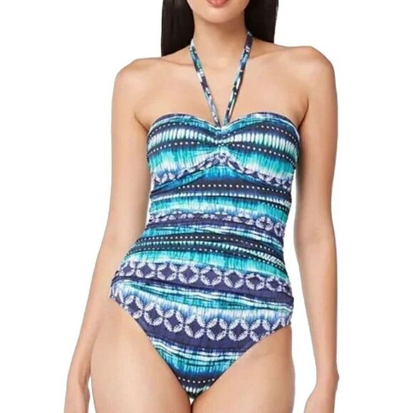 Bleu Rod Beattie One Piece Swimsuit Blue Green Striped Tribal Print Beads 10 New - Picture 1 of 10